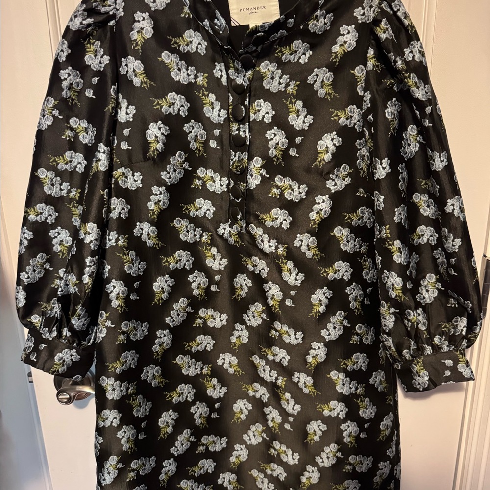 Pomander Place Black Dress with Blue Floral Design